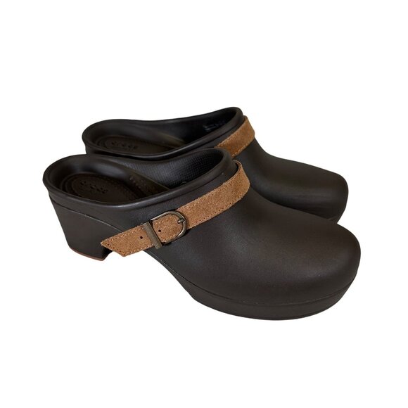 Crocs Sarah Clogs Women Size 8 Suede Strap & Buckle Brown Espresso - Picture 1 of 6